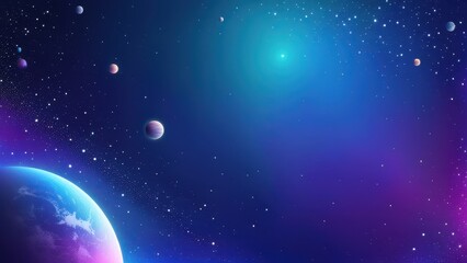 A vibrant cosmic scene featuring planets and stars against a colorful background.