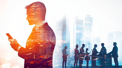 Aufkleber - Double exposure of businessman using smartphone with night city skyline and business team in background
