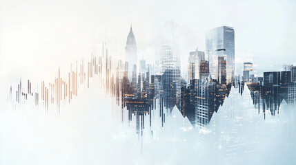 Aufkleber - Captivating image blending city and stock chart, showcasing investment and trading concept. Urban skyline with financial data, modern and successful feel. Double exposure adds complexity