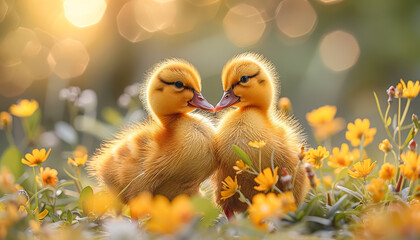 Two baby ducks are standing in a field of yellow flowers. The ducks are surrounded by a blurry background, giving the image a dreamy, whimsical feel