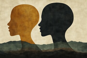 silhouette profile of two people layered over textured background symbolizing identity connection an