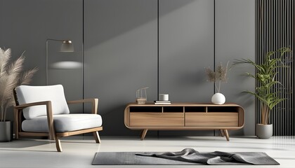 Wall Mural - Sleek Modern Wooden Cabinet in Minimalist Gray Slat Wall Empty Room Design