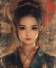 Sticker - Beautiful woman in traditional Japanese kimono with red sun behind her. Illustration of Asian culture, fashion, and art.