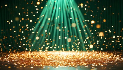 Wall Mural - Luminous Green Minimalism Stage with Sparkling Bokeh and Golden Lights for Creative Dancefloor Showcase