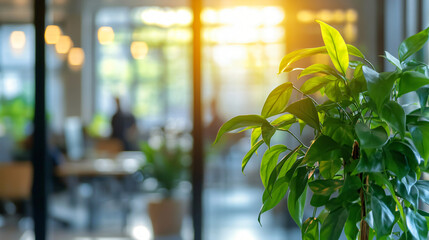 Poster - Bright green leaves glowing in the sunlight with a blurred open space office in the background