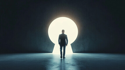 Poster - Businessman approaches a radiant light through a keyhole-shaped doorway in a concrete wall