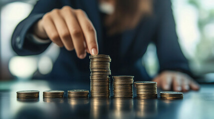 Poster - Businesswoman is stacking coins on a table to represent increasing profits and savings
