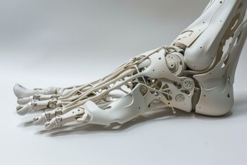 Poster - White robotic foot with visible hydraulics rests on a white background
