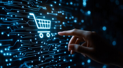 Aufkleber - Businesswoman is touching a futuristic digital shopping cart icon on a virtual screen, symbolizing online shopping and e-commerce