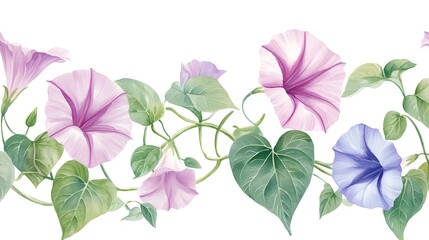 Canvas Print - Delicate watercolor morning glories in pinks and purples, with lush green leaves, against a white background.