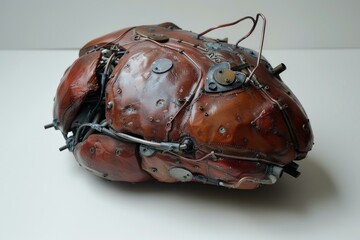 Poster - Mechanical brain with copper and leather details is resting on a white surface
