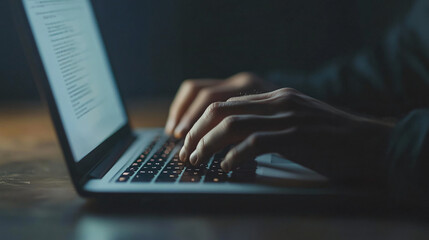 Leinwandbilder - Software developer is working late, typing on a laptop keyboard with illuminated keys in a dark room