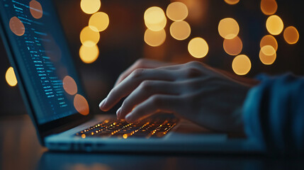 Leinwandbilder - Evening scene of a software developer coding on a computer with bokeh lights in the background