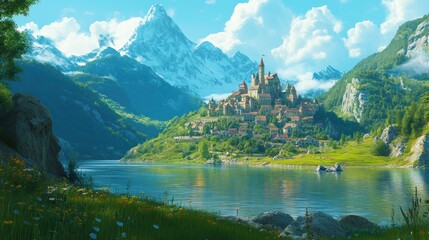 Canvas Print - A Majestic Castle Perched on a Hillside overlooking a Tranquil Lake and Snowy Mountains