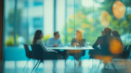 Wall Mural - Blurred image of business people having a meeting in a modern office with large windows