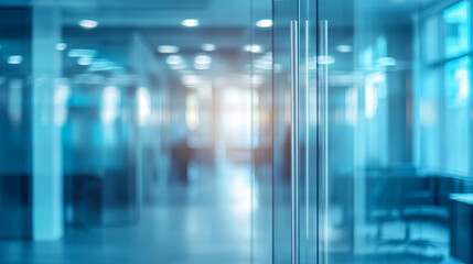 Abstract and modern business background with blurred office interior, glass doors, and hallway