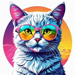  A vibrant illustration of a cat wearing colorful sunglasses against a sunset backdrop.