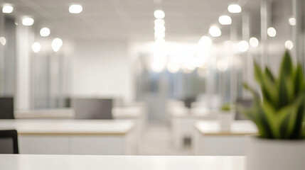 Aufkleber - Blurred modern office background with a green plant offers copy space on an empty desk