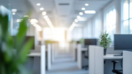 Poster - Empty desks in a modern open office space are highlighted by sunlight filtering through the windows