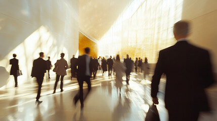 Poster - Diverse business people in suits briskly walk through a modern office corridor, capturing dynamic energy on their way to a meeting