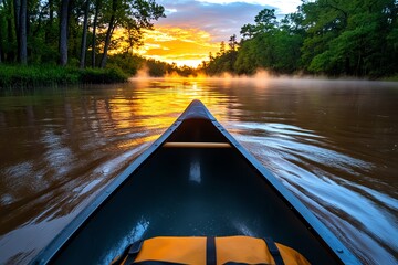 Aufkleber - Canoeing down a river at sunrise, with mist rising from the water, trees on either side, and the golden light of dawn creating a peaceful outdoor scene