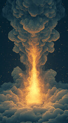 Sticker - A fiery column erupts from the clouds, reaching towards the starry sky.