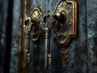 Wall Mural - Antique Ornate Keys on a Vintage Door