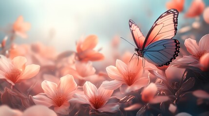 Wall Mural - A butterfly is flying in a field of pink flowers. Concept of freedom and beauty