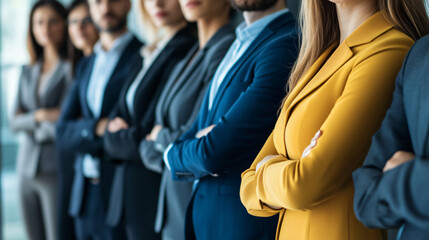 Poster - Serious business people standing with crossed arms as their leader stands in front of them in a close-up view