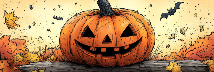 Poster - A carved pumpkin sits on a wooden surface with fall leaves and bats flying in the background.