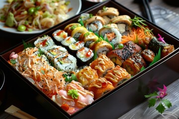 Delicious assortment of sushi rolls and sashimi pieces beautifully arranged in a bento box, ready to be enjoyed