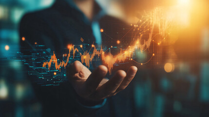 Aufkleber - Businessman holding a projected rising chart on a futuristic hologram interface, symbolizing financial success and business growth
