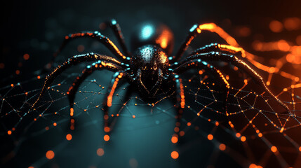 A close-up of a black spider in its web, with glowing orange and blue lights.