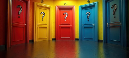 A metaphorical maze of colorful doors, each marked with a question mark and leading to different paths, representing the complex nature of decision making and opportunities