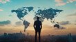 © Michael - Businessman standing and looking at world map with global network connection at sunset