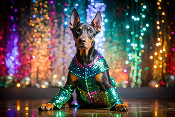 Creative animal concept. Doberman dog puppy in disco neon glitter glam shiny glow sequin outfit, copy text space. commercial, editorial advertisement party invitation invite