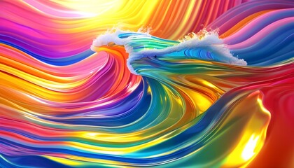 Wall Mural - Iridescent Rainbow Waves: A Three-Dimensional Abstract Journey Through Curved Liquid Forms