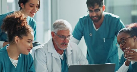 Aufkleber - Medical, team and doctor with laptop for discussion in boardroom with healthcare training and surgery planning. Medicine, expert and diversity group with mentor for brainstorming feedback in clinic