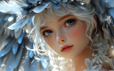 Beautiful Fantasy Woman Portrait with Blue Feathers and White Hair