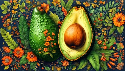 Wall Mural - Colorful avocado cooking illustration with hand-drawn patterns and agricultural themes in vibrant colored pencil design