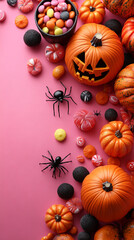 Poster - Halloween treats & decor on a pink background.