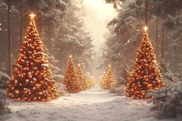 Poster - Snow covered Christmas trees glowing softly in a winter wonderland surrounded by soft golden lights creating a festive and peaceful holiday landscape