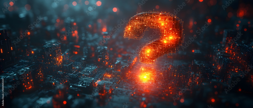 Question Sign Tech 3D digital question mark made of glowing connected circuits on a bright ...
