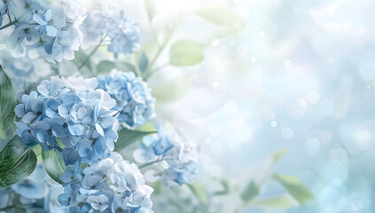 A background with an image of a blue hydrangea on a background of sunlight, a blurred background for the design of banners on social networks and for your design, space for text