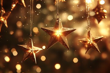 Sticker - Glowing star decorations suspended from string lights shining against a dark backdrop symbolizing festive celebrations and holiday warmth