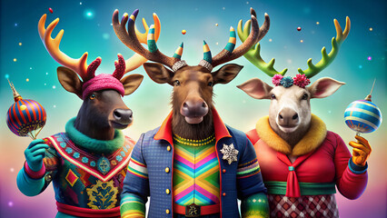 creative animal concept. group of moose in funky wacky wild mismatch colourful outfits on bright bac