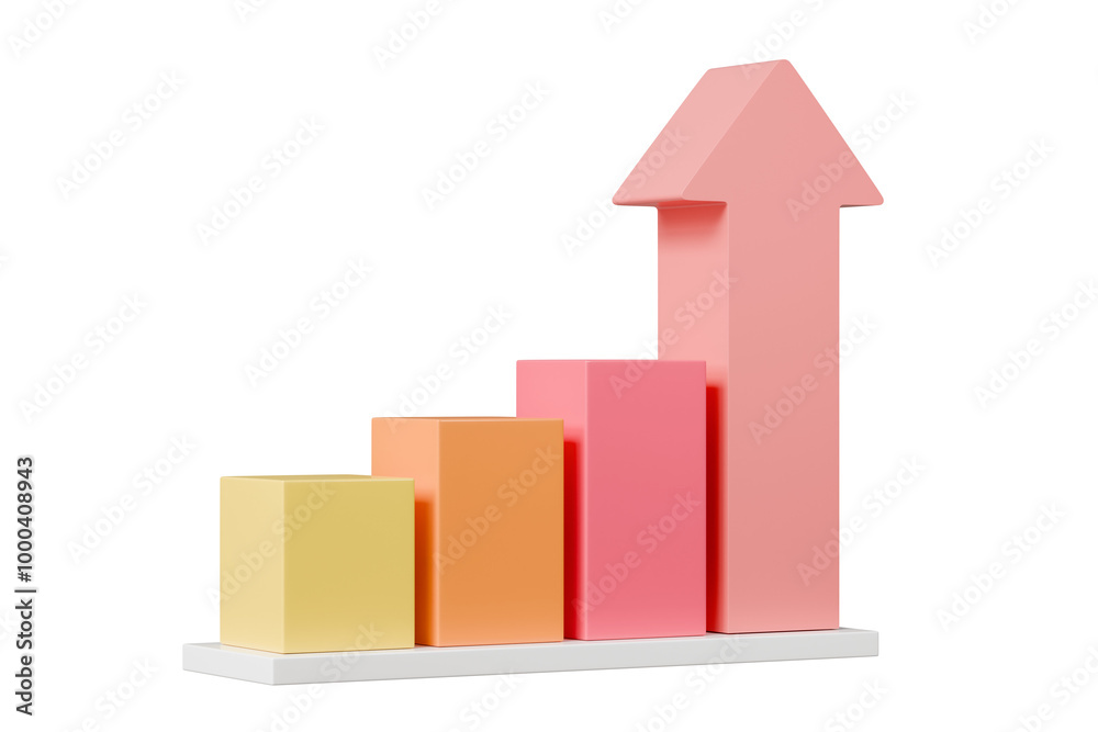 3D Bar Chart with arrow rising icon on isolated purple background ...