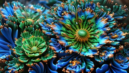 Sticker - Enchanting blue and green fractal flower mandala pattern showcasing intricate abstract design elements