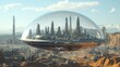 © ProPhotos - A huge transparent dome rises above an alien landscape, sheltering a futuristic city nestled between rocky terrain.