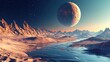 © ProPhotos - A stunning alien planet featuring a huge moon, jagged mountain ranges, and a winding river flowing through a vast desert under a starry cosmic sky.